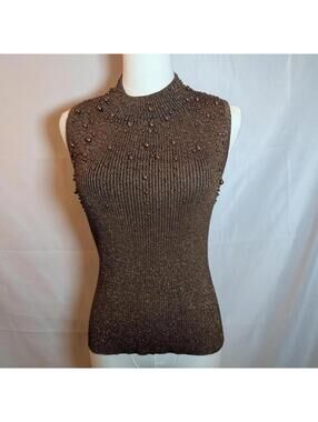 Christine Phillipe Womens Small Sleeveless Cotton/Metallic Brown Beaded Knit Top